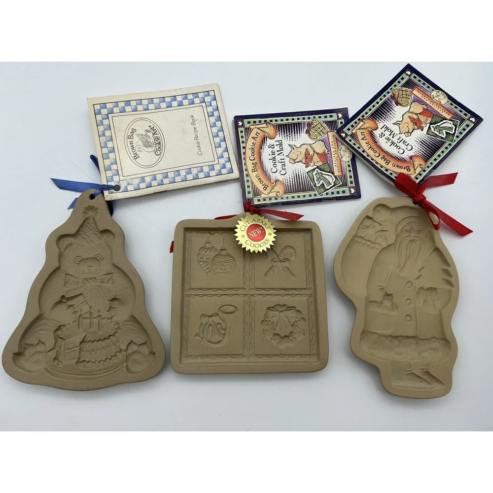 3-Brown Bag Cookie Art and Craft Molds 1983, 1989 and 1997 Christmas Molds